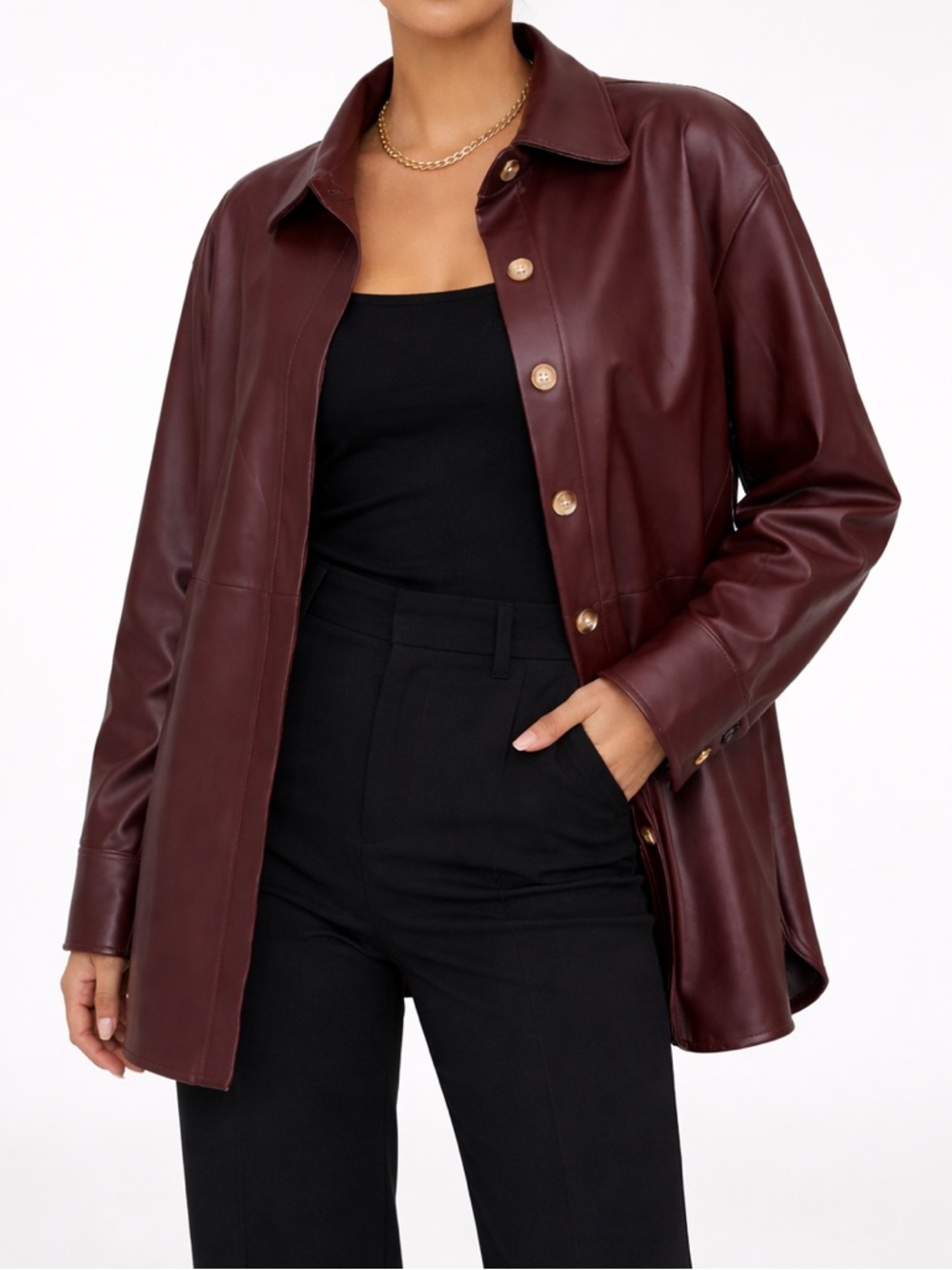 Beulah Style Faux Leather Button Up Shirt Jacket Dark Brown Burgundy